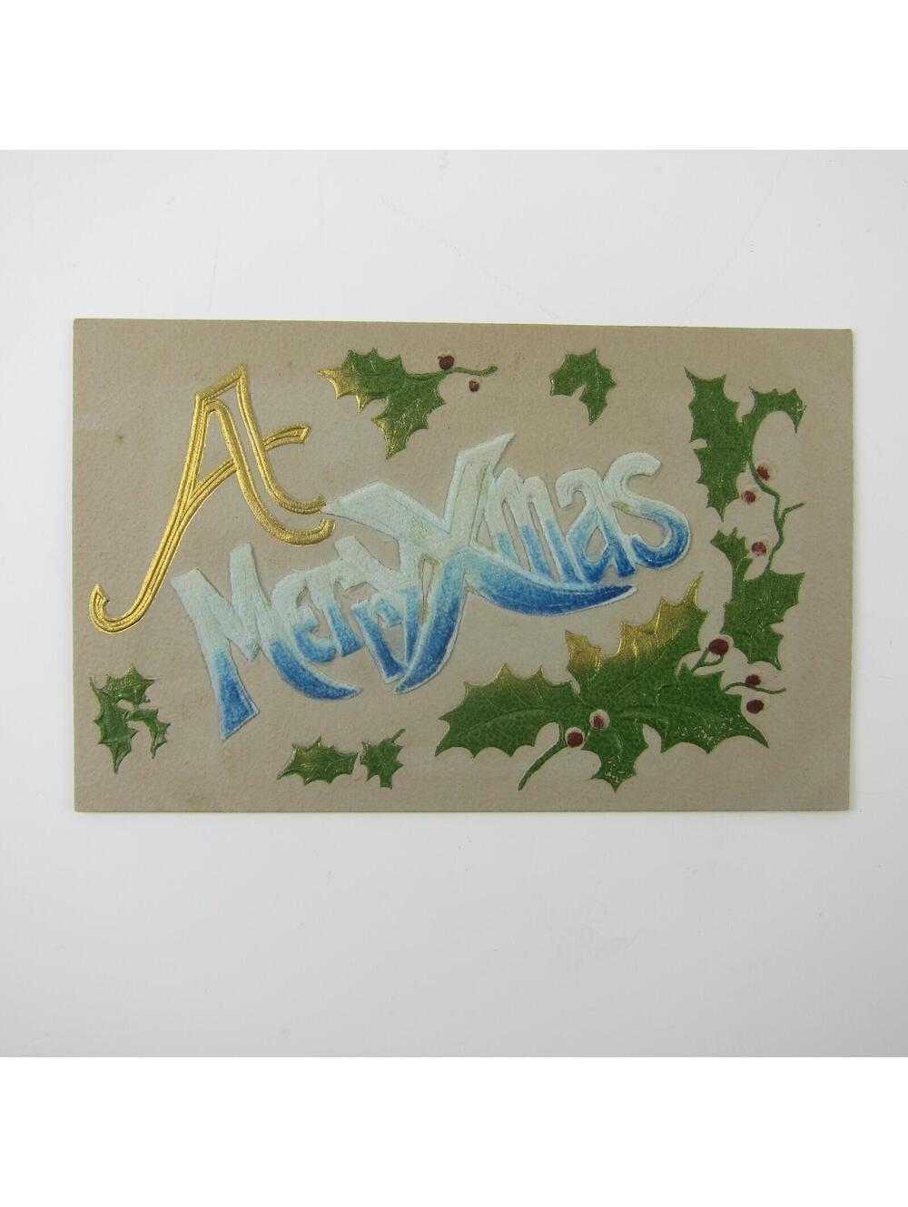 Christmas Postcard 3D Merry XMAS Cloth Texture Holly Berry Green Gold Antique